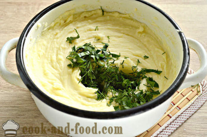 Pôvodný šťouchané zemiaky s bylinkami - ako variť zemiakovou kašou a zelené, s krok za krokom recept fotografiách