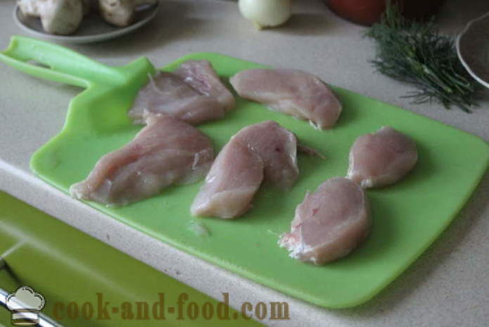 Valcované kuracie prsia plnené šampiňóny a zemiakmi - ako robiť role kurčaťa s krok za krokom recept fotografiách