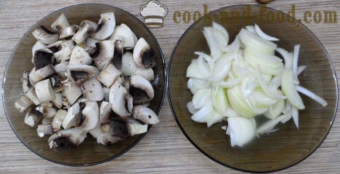 Chutné pečené zemiaky v rúre - ako variť pečienka so zemiakmi, mäsom a hubami, krok za krokom recept fotografiách