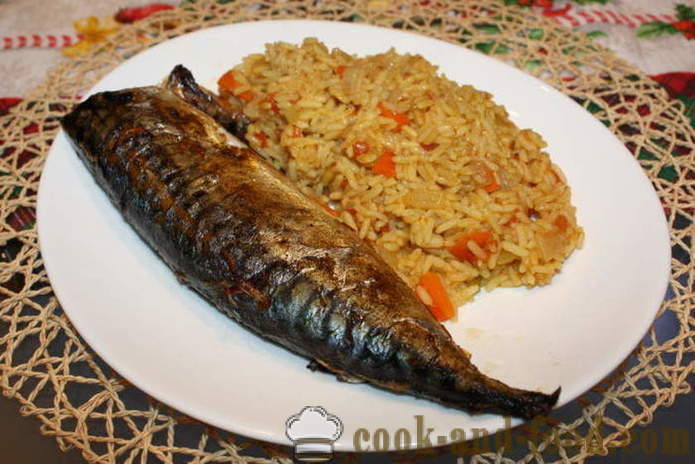 Makrely plnená cibule v rúre - ako variť makrela s ryžou, krok za krokom recept fotografiách