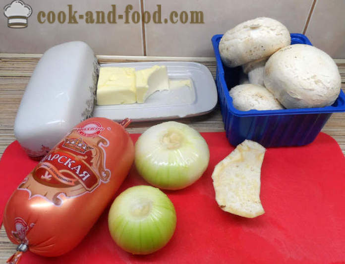 Huby plnené šunkou a syrom - Ako pripraviť plnené šampiňóny v rúre, sa krok za krokom recept fotografiách