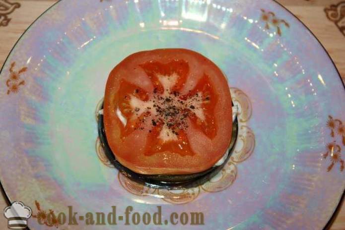 Studený predkrm z baklažánu s paradajkami a mozzarellou - ako variť predjedlo z baklažánu na slávnostnú tabuľu, krok za krokom recept fotografiách