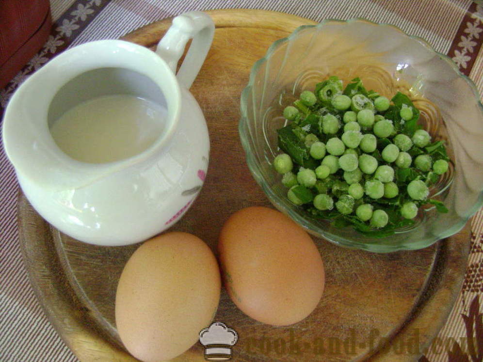 Lush praženicu s mliekom, špenát a hrach - ako sa robí nadýchané omelety na panvici, sa krok za krokom recept fotografiách