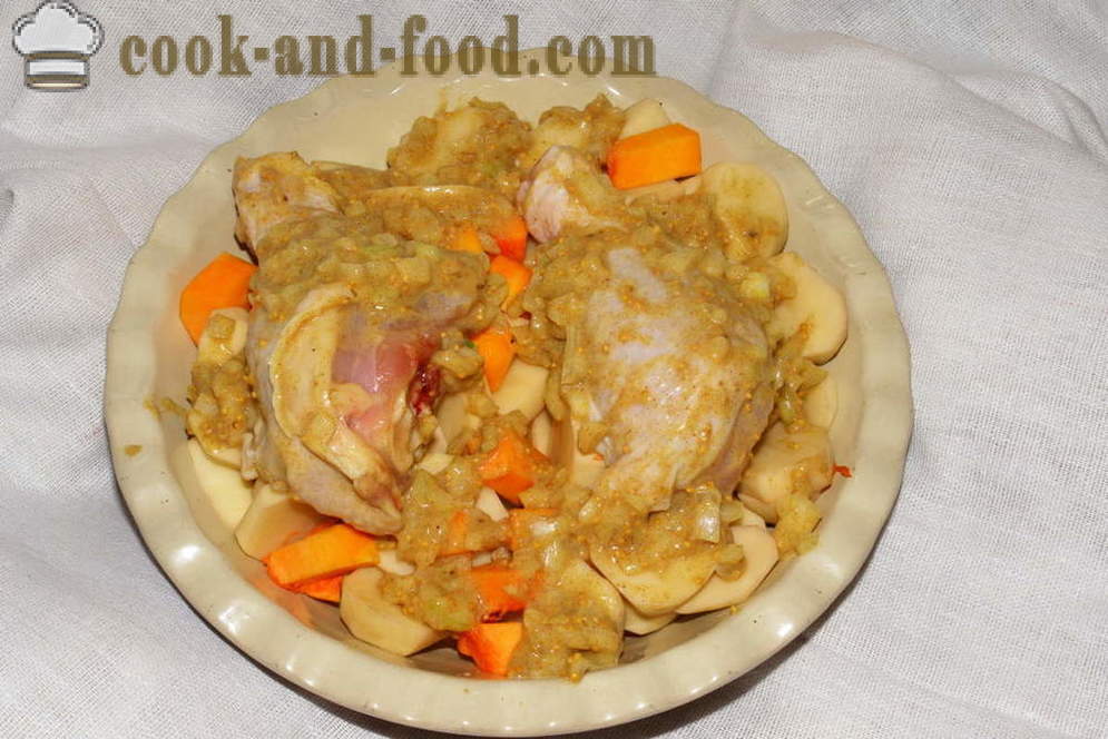 Kurča v horčičné omáčke v rúre - ako variť kura v rúre so zemiakmi a tekvice, sa krok za krokom recept fotografiách