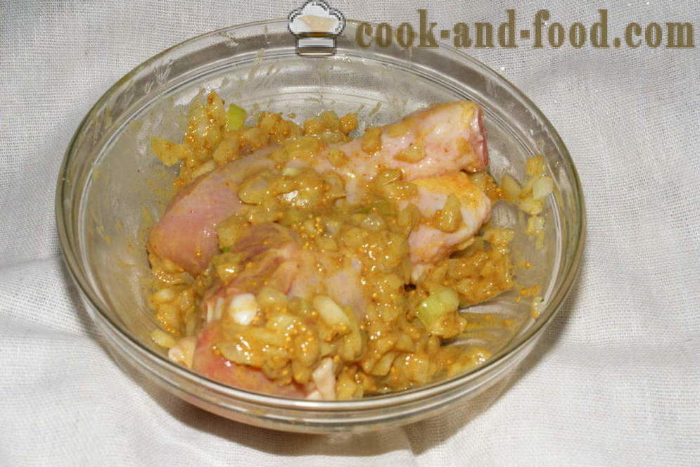 Kurča v horčičné omáčke v rúre - ako variť kura v rúre so zemiakmi a tekvice, sa krok za krokom recept fotografiách