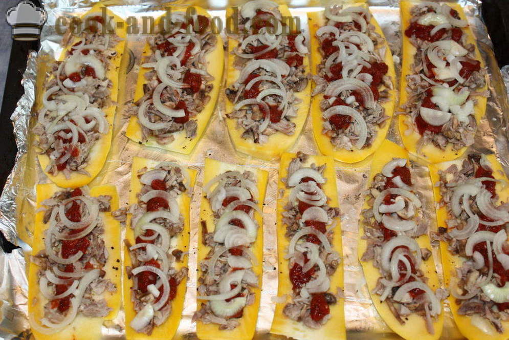 Pečená cuketa s mäsom a syrom - ako cuketa piecť rúra, krok za krokom recept fotografiách