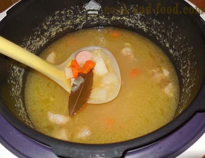 Hrachová polievka v multivarki, s mäsom a údených klobás - ako variť hrachová polievka - krok za krokom recept fotografiách