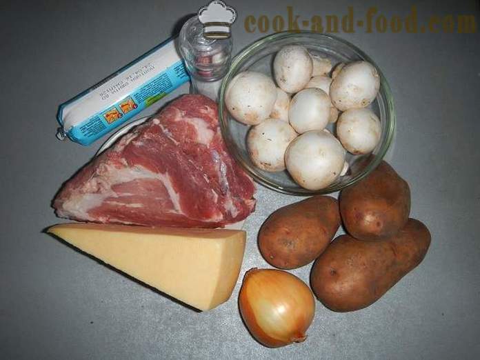 Zemiaky vo francúzštine v rúre - fotka-recept, ako variť zemiaky vo francúzštine s bravčovým mäsom a hubami