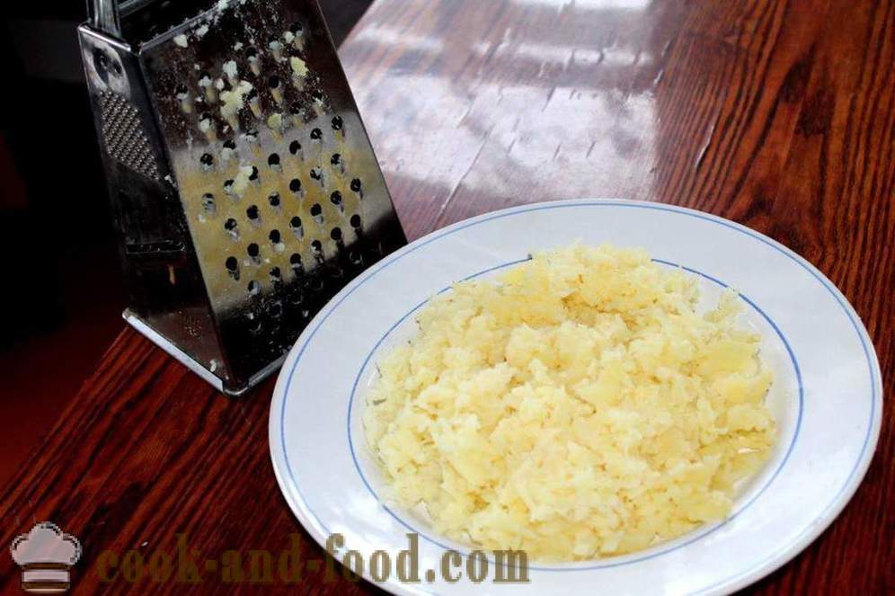 Mimosa šalát s Saury a zemiaky - ako urobiť Mimosa šalát so zemiakmi a Saury, krok za krokom recept fotografiách